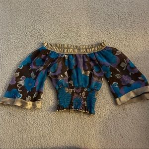 2000s off the shoulder smocked crop top